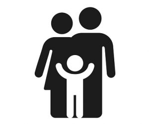 Simple figure family icon, parents and child. Father, mother and kid silhouette. Minimal geometric black and white symbol or logo. Isolated vector illustration.